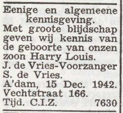 Bekendmaking van de geboorte van Harry Louis de Vries