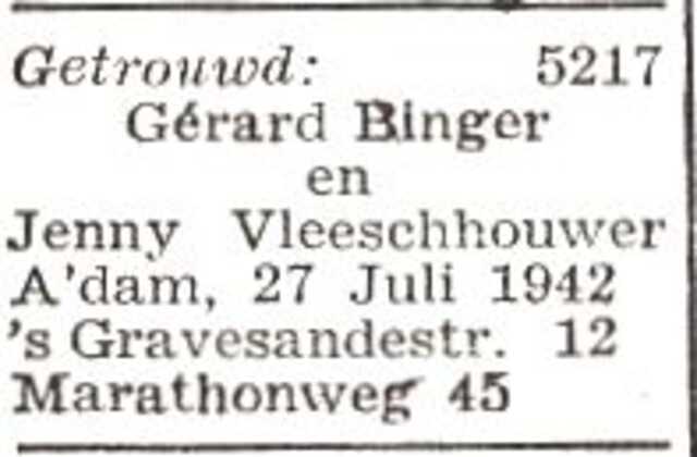 Bekendmaking van het huwelijk van Gerard Binger en Jenny Vleeschhouwer