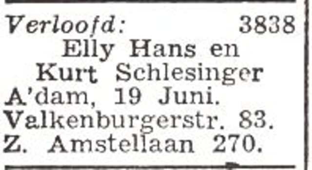Vermelding van de verloving van Jenni Elli Hans en Kurt Schlesinger