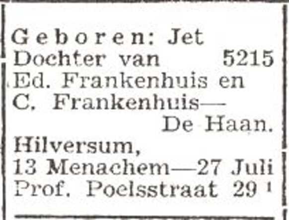 Bekendmaking van de geboorte van Jet Frankenhuis
