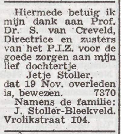 Dankbetuiging namens de familie Jacob Stoller-Bleekveld