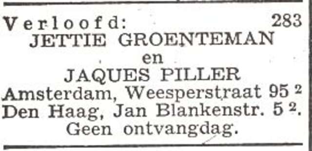 Vermelding van de verloving van Jetje Groenteman en Jaques Piller