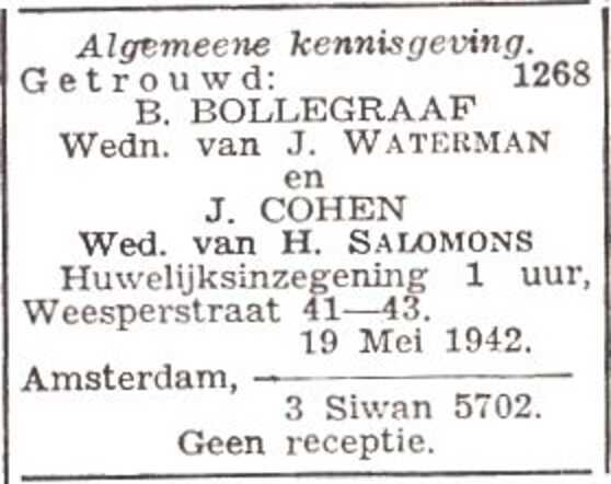Aankondiging van de huwelijksinzegening van Jette Cohen en Barend Bollegraaf