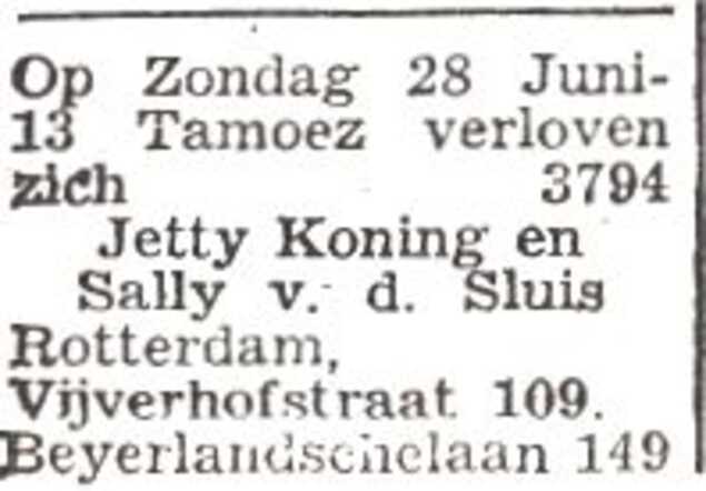 Aankondiging van de verloving van Salomon (Sally) van der Sluis en Jetje (Jetty) Koning