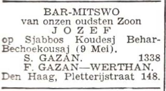 Aankondiging van de bar mitswa van Jozef Gazan