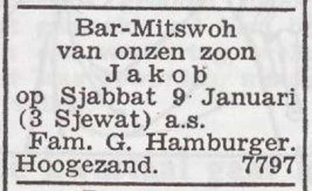 Aankondiging van de bar mitswa van Jakob Hamburger