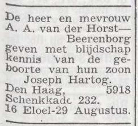 Bekendmaking van de geboorte van Joseph Hartog van der Horst
