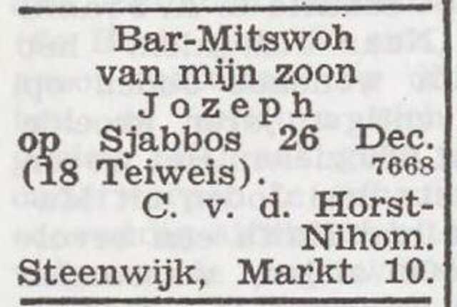 Aankondiging van de bar mitswa van Joseph van der Horst