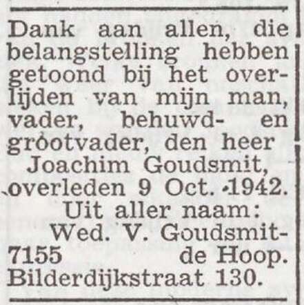 Dankbetuiging van de familie Goudsmit