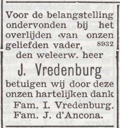 Dankbetuiging van de families Vredenburg en d'Ancona