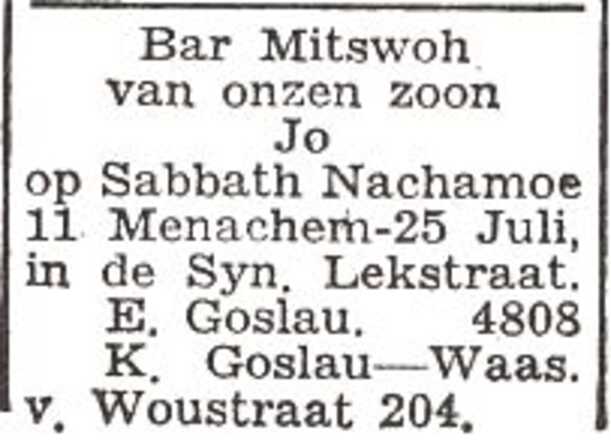 Bekendmaking van de bar mitswa van Jo Goslau
