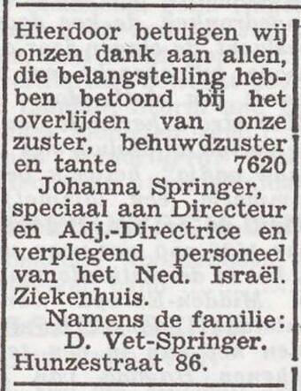 Dankbetuiging van de familie Vet-Springer
