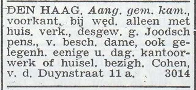 Advertentie van mw. Johanna Cohen-Kracko