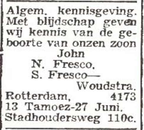 Vermelding van de geboorte van John Fresco