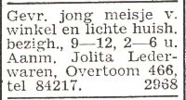 Advertentie van lederwarenhandelaar Jacob Jesserim de Oliveira