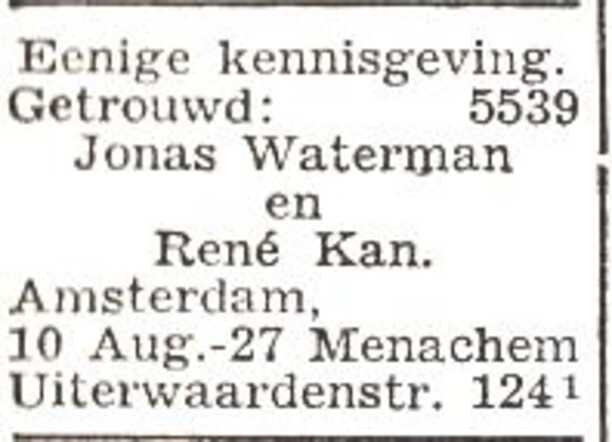 Bekendmaking van het huwelijk van Jonas Waterman en Renée Sophie Kan
