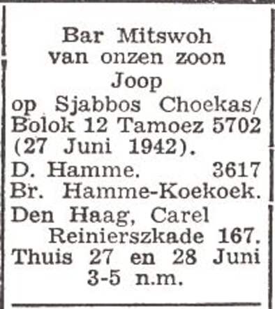 Aankondiging van de bar mitswa van Joël (Joop) Hamme