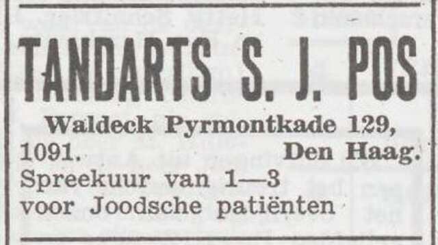 Advertentie van tandarts Samuel Joseph Pos