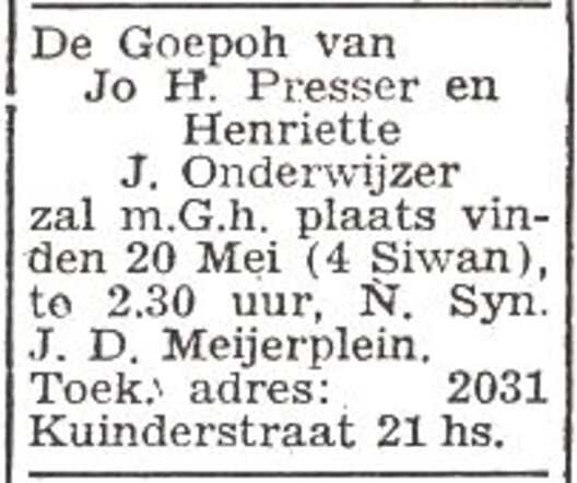 Aankondiging van de huwelijksinzegening van Henriette Judith Onderwijzer en Jo H. Presser