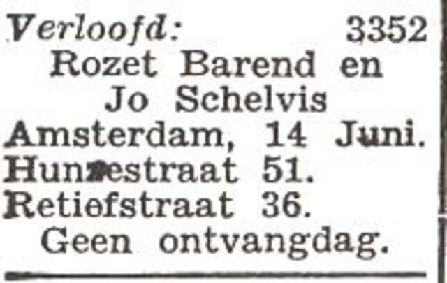 Vermelding van de verloving van Joseph Schelvis en Rosette Barend
