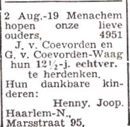 Aankondiging van het 12½-jarig huwelijksjubileum van Josua van Coevorden en zijn vrouw