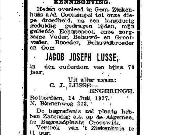 Overlijdensbericht van Jacob Joseph Lusse