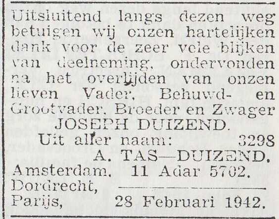 Dankbetuiging van de familie Tas-Duizend
