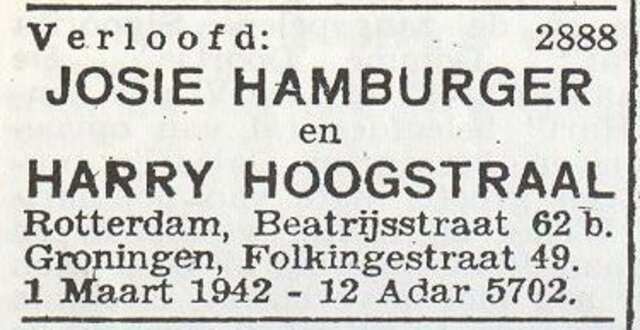 Bekendmaking van de verloving van Josephine Hamburger met Hartog Louis Hoogstraal