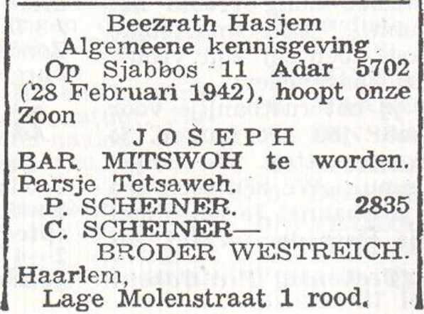 Aankondiging van de bar mitswa van Joseph Scheiner