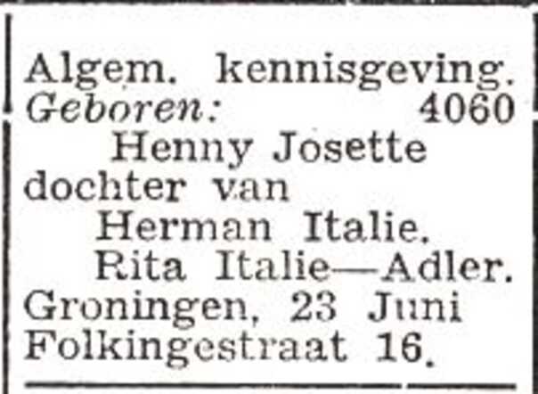 Vermelding van de geboorte van Henny Josette Italie