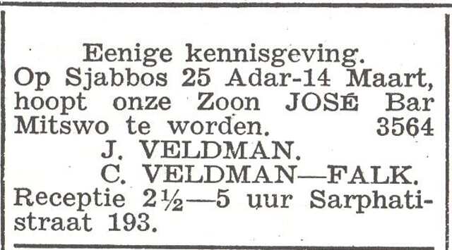 Aankondiging van de bar mitswa van José Veldman