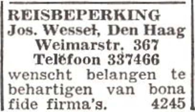 Advertentie van Joseph Wessel