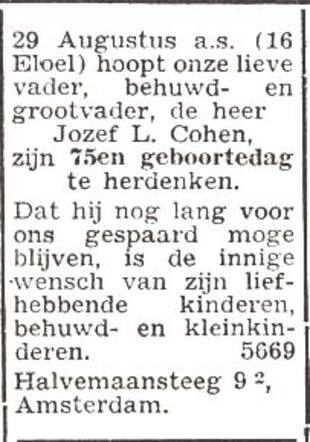 75ste verjaardag van Jozef Levie Cohen