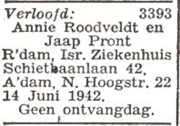 Vermelding van de verloving van Anna Roodveldt en Jacob Pront