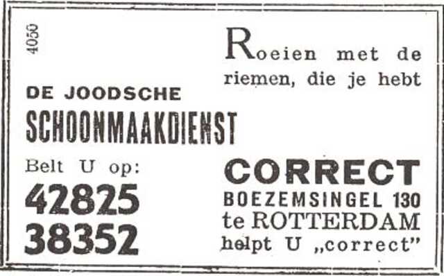 Advertentie van Izaak de Vries van de Joodse Schoonmaakdienst Correct