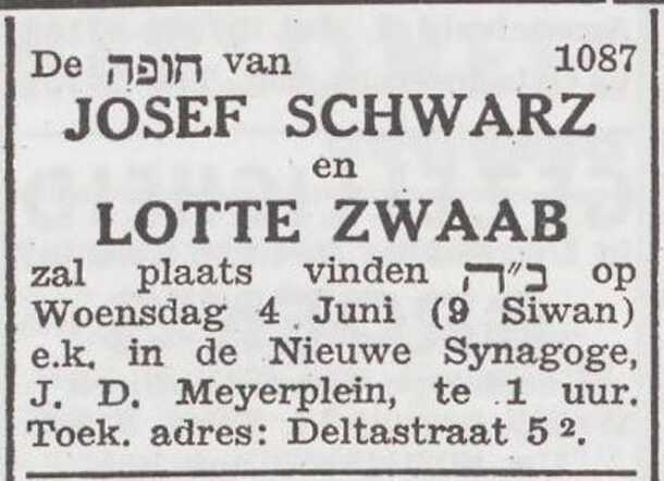 Aankondiging van de huwelijksinzegening van Josef Schwarz en Lotte Zwaab