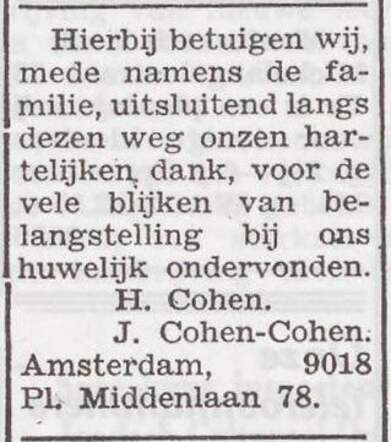 Dankbetuiging van het echtpaar Cohen
