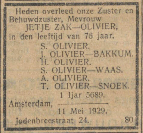 Overlijdensadvertentie Judith Zak-Olivier