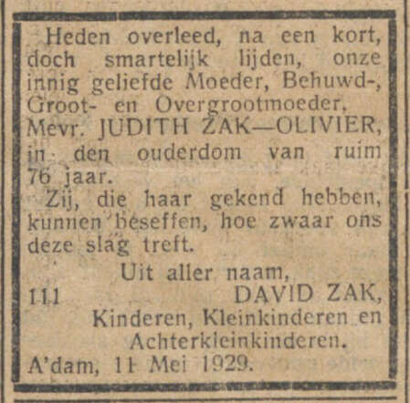 Overlijdensadvertentie Judith Zak-Olivier