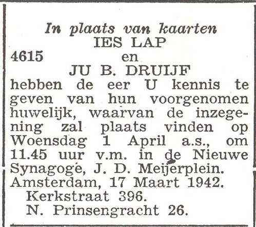 Huwelijksaankondiging van Isaac Lap en Judith Benvenida Druijf