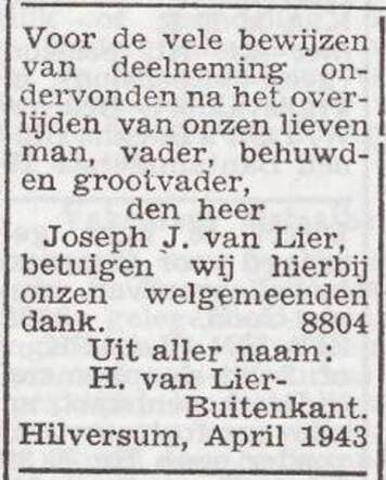 Dankbetuiging van de familie van Lier