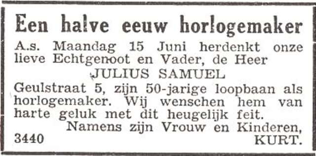 Gelukwens voor Julius Samuel tgv. zijn 50-jarige loopbaan als horlogemaker