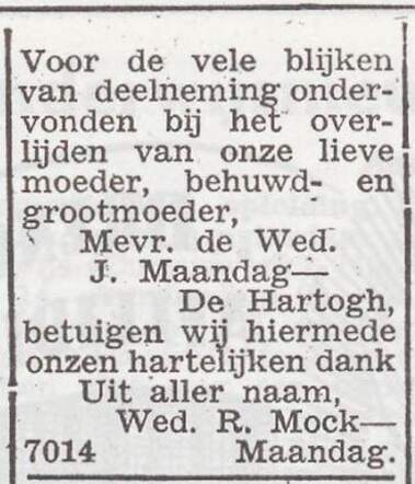 Dankbetuiging van de familie Mock-Maandag