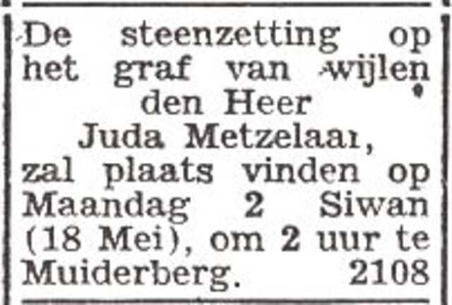 Aankondiging van de steenzetting op het graf van Juda Metzelaar