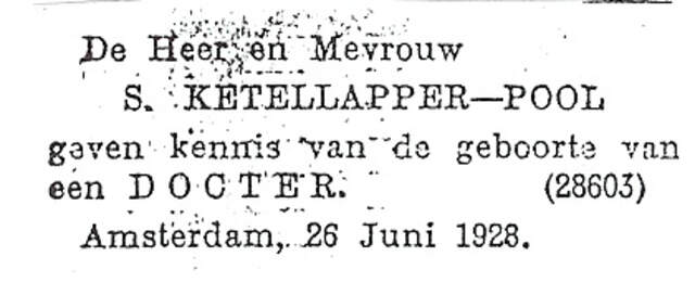 Geboorteadvertentie van Salomon en Lena Ketellapper-Pool voor hun tweede dochter Juliëtte Nanny