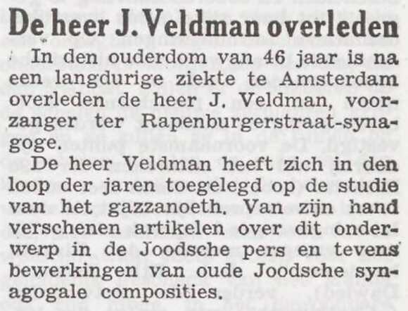 Bericht van overlijden van Jacob Veldman