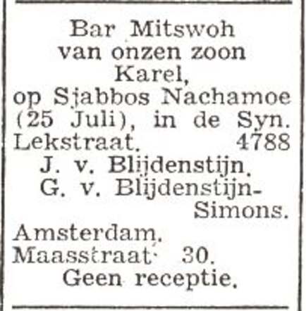 Aankondiging van de bar mitswa van Karel van Blijdenstijn