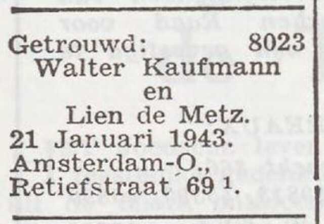 Bekendmaking van het huwelijk van Walter Kaufmann en Paulina Catharina de Metz
