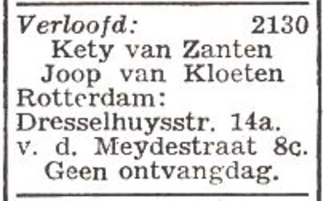 Vermelding van de verloving van Keetje Ester (Kety) van Zanten en Joseph (Joop) van Kloeten