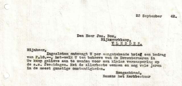 kerkbestuur aan Jozef Bos kamp Vledder 23-9-1942